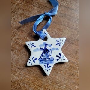 Delft Holland Blue White Star Windmill Porcelain Christmas Ornament 2.5”x 2.5"